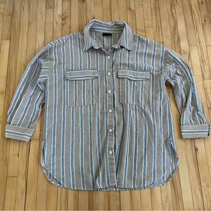 Striped Tan and Blue  Button-Up Shirt